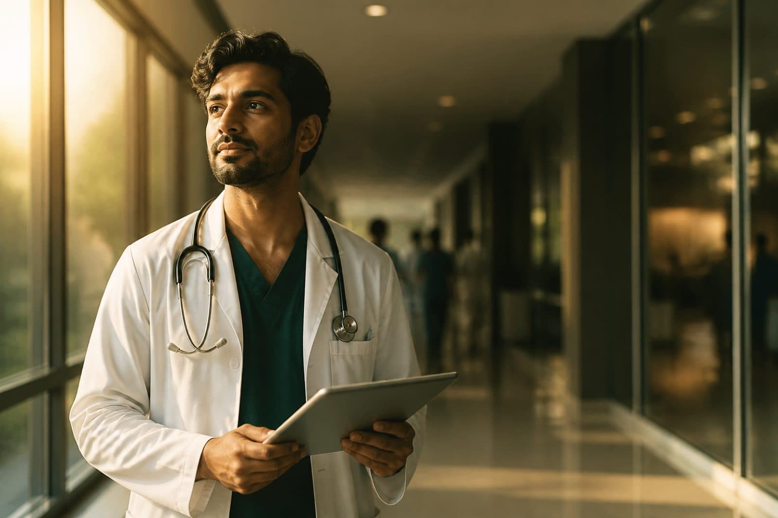 Medical graduate in a sunlit hospital corridor
